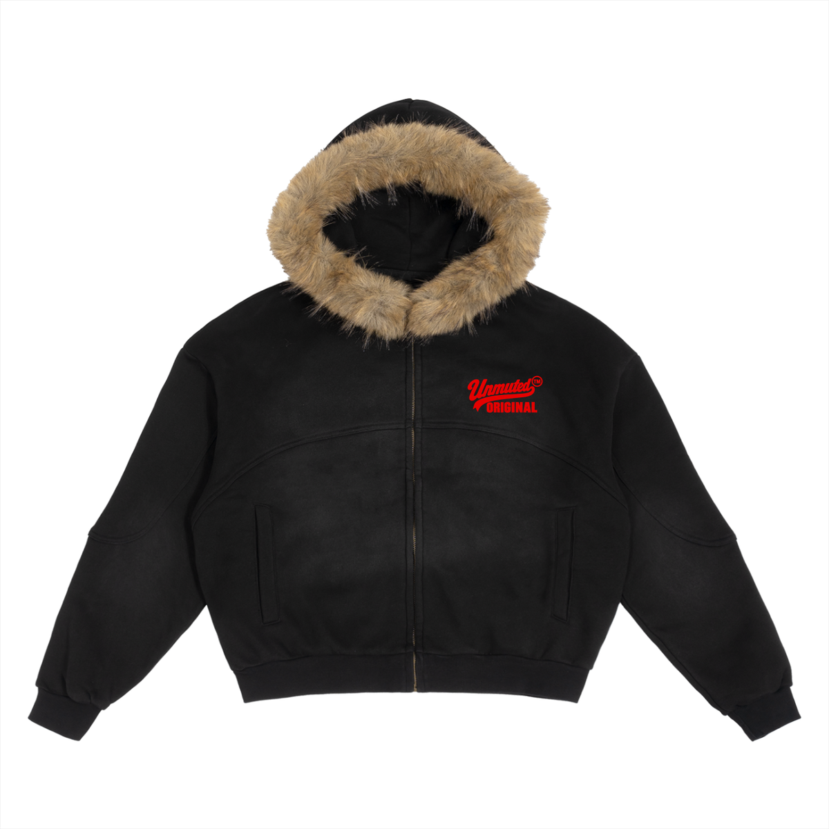 Unmuted Sun Fade Boxy Hoodie – Detachable Fur Trim