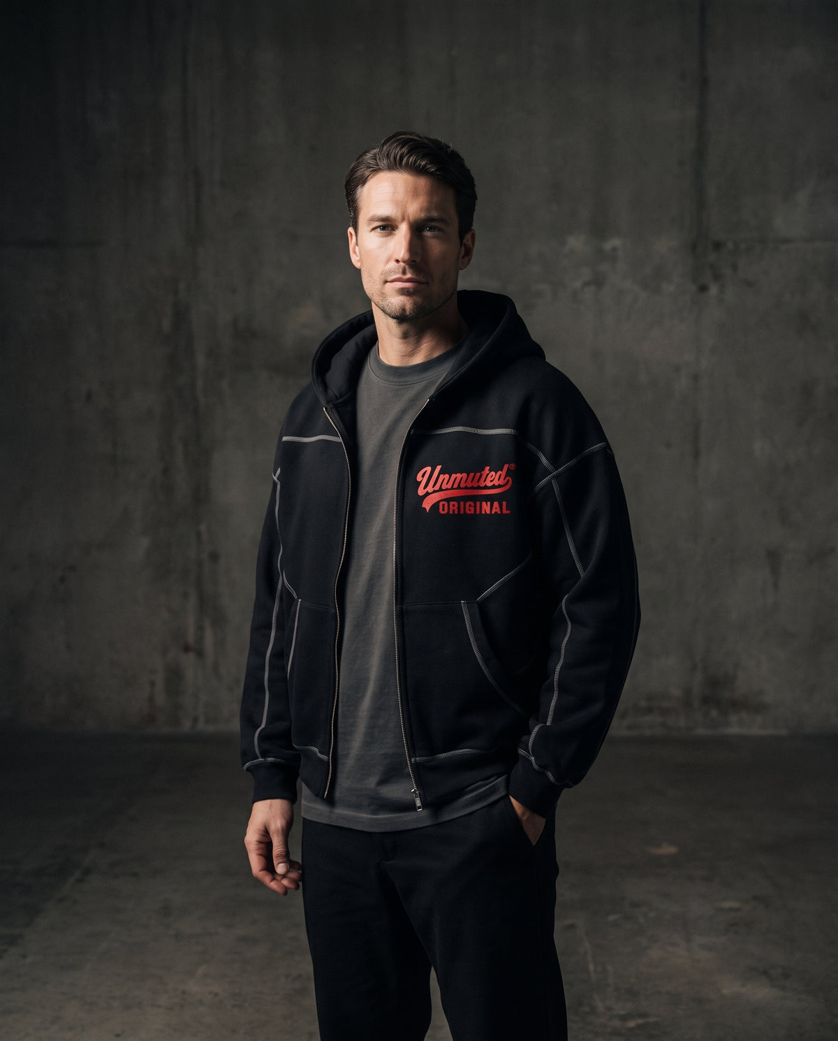 Unmuted Contrast-Stitch Zip Hoodie