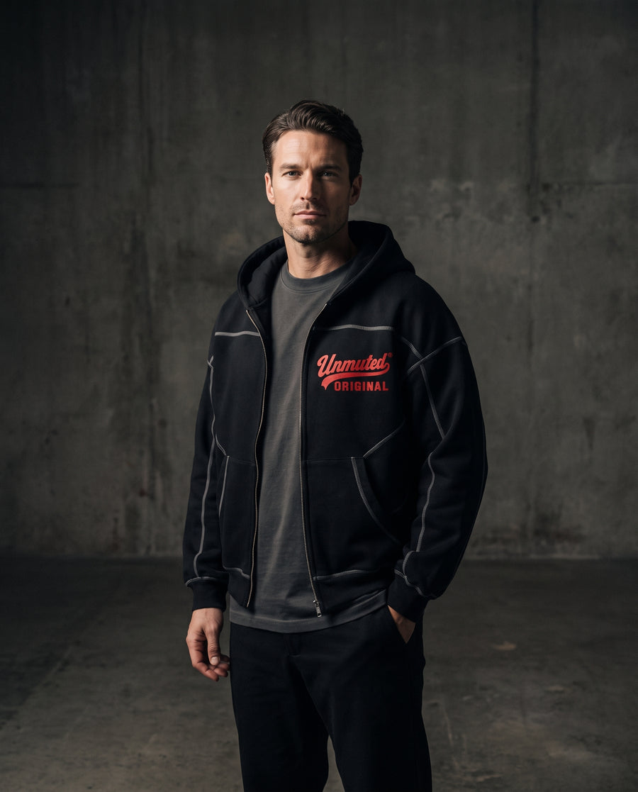 Unmuted Contrast-Stitch Zip Hoodie