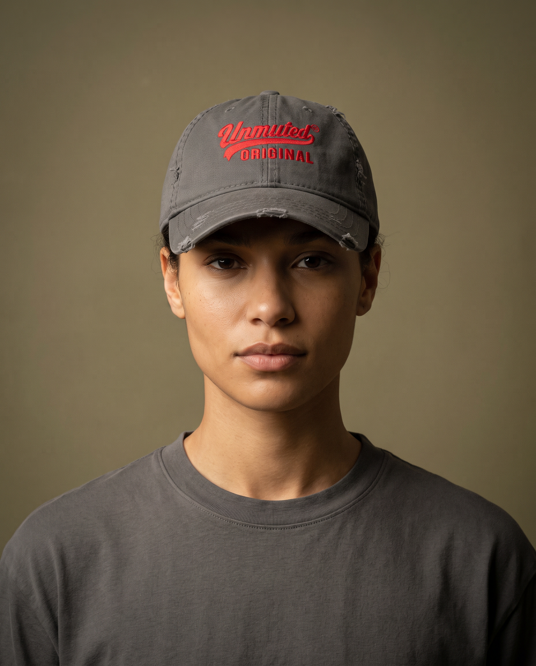 Model wearing the Unmuted Distressed Cap