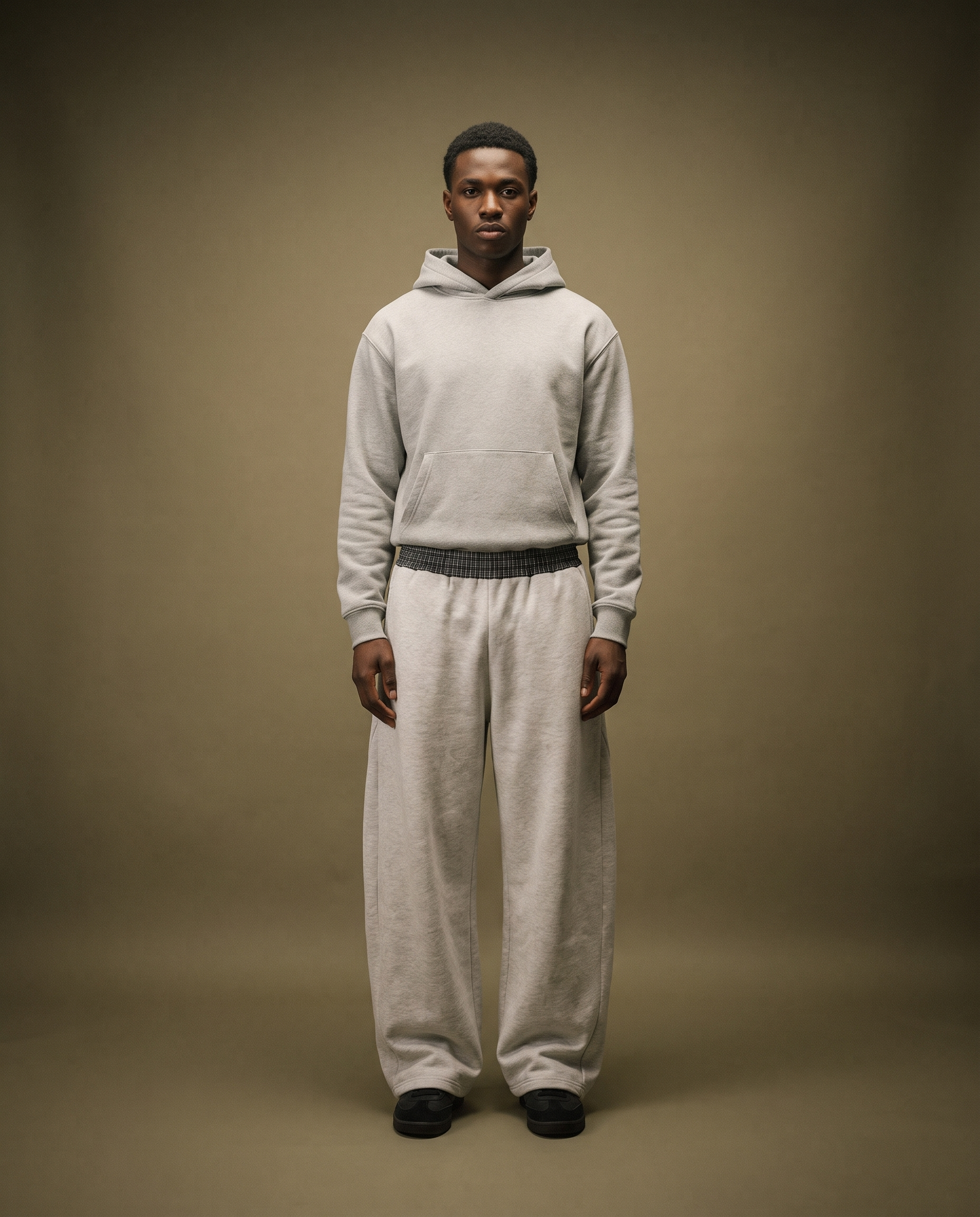 Model wearing the Unmuted Plaid-Waistband Barrel Sweatpant