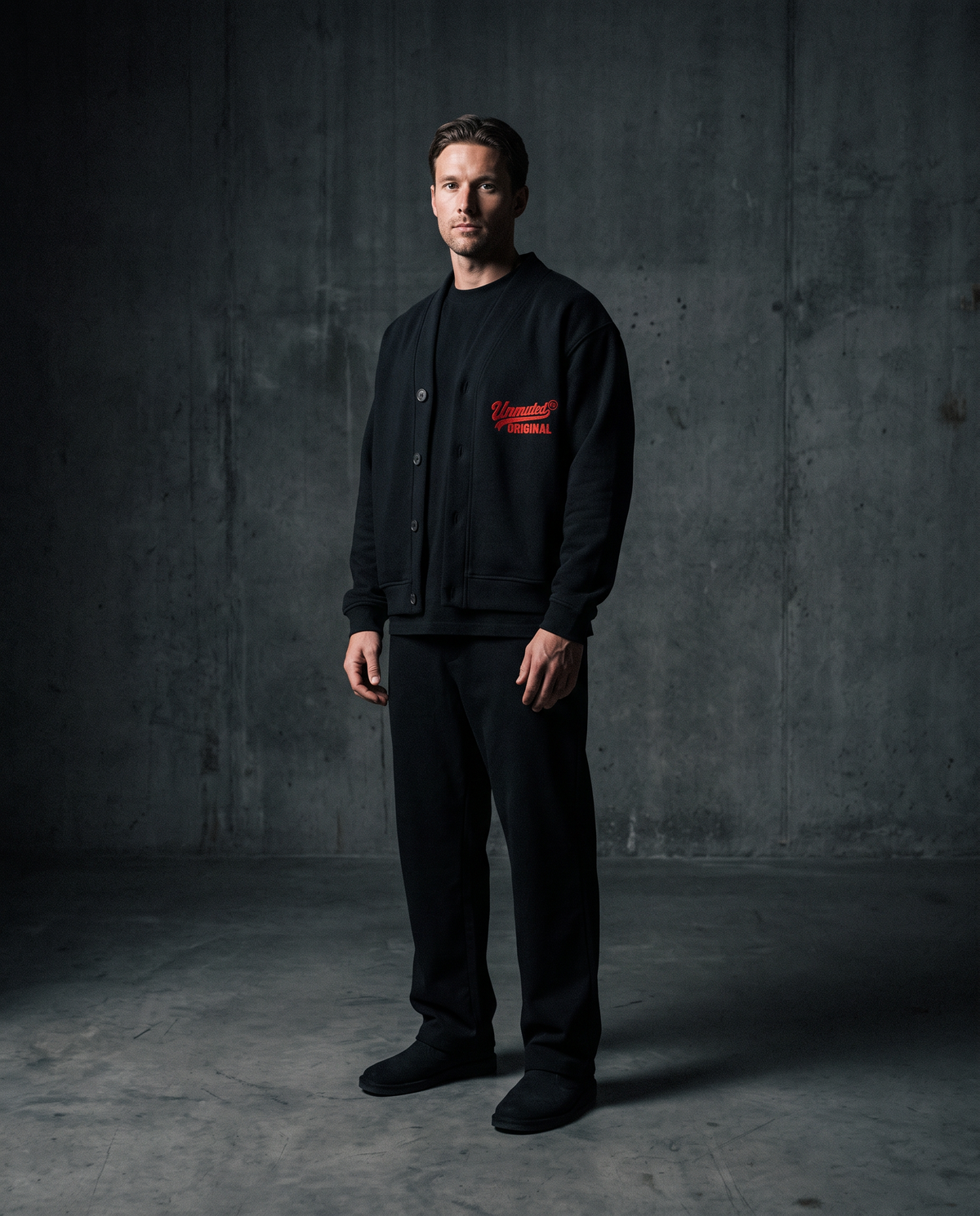 Unmuted Heavyweight Sweat Cardigan worn on-model, editorial studio shot